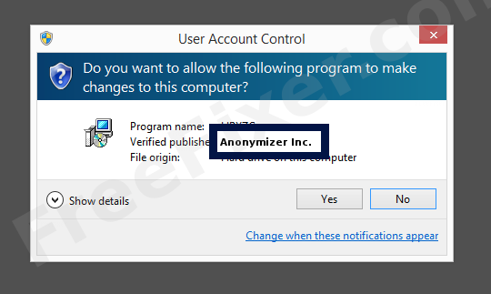 Screenshot where Anonymizer Inc. appears as the verified publisher in the UAC dialog